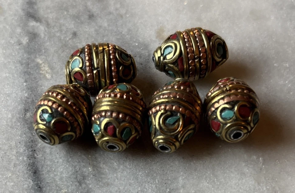 6pcs Tibetan Handmade Turquoise & Coral w Copper Bands  Beads 17x14mm CC139 - Image 1 of 3