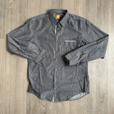 Hugo Boss Orange Shirt Mens Large Gray Polka Dot Long Sleeve Button Up Hugo Boss - Image 1 of 4