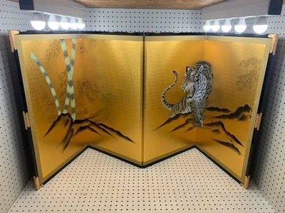  Pantalla Plegable Japonesa 2 Paneles Dorado Tigre Bambú Seda Textura Decorativa Byobu Foto 1 de 4