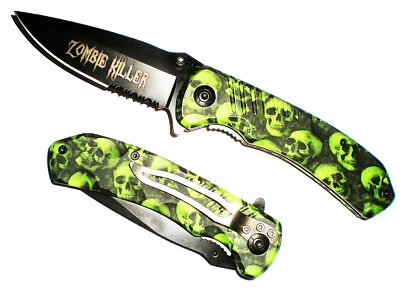Green Skull ZOMBIE KILLER GRIP HANDLE ASSISTED OPENING RESCUE POCKET KNIFE  - Image 1 of 2