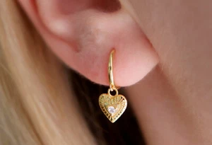 Sterling Silver Elegant Zircon Huggie Hoop Earrings Dangling Heart Charm - Picture 1 of 8