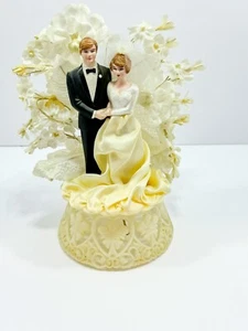 Vintage Wedding Cake Topper Satin Dress & Flowers Plastic Bell & Base 1960s MCM - Picture 1 of 6