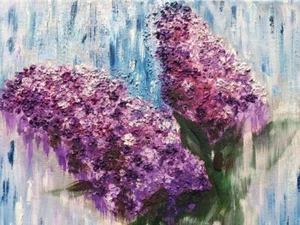 Flieder Ölgemälde Leinwand 25 x 30 cm Blumen im Regen Muttertag Handgemalt 3D - Bild 1 von 12