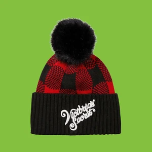 VICTORIA'S SECRET Jacquard Pom Pom Logo Beanie Hat Black Plaid/ Red White Heart - Picture 1 of 5
