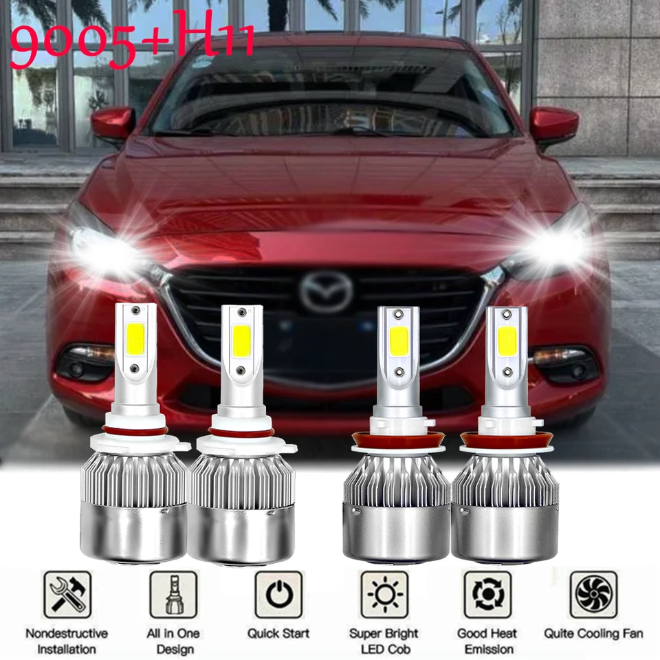 4x LED Headlights Combo Kit High Low Beam For Mazda 3 2010 - 2018 Mazda3 Sport - Image 1 of 4