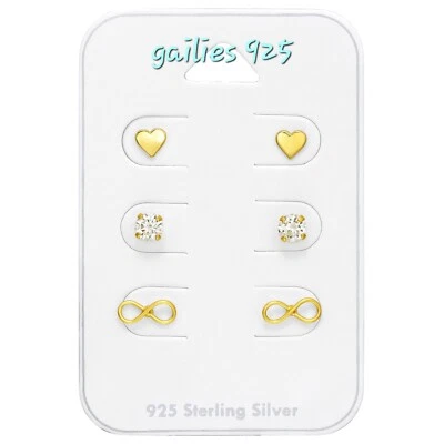 925 Argento Sterling Cuore, Rotondo E Infinito Orecchini con Zirconia Cubica Set - Immagine 1 di 2