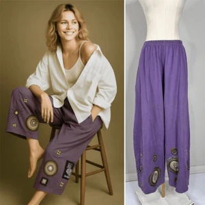1998 Blue Fish Wide Leg Pants 1/ L Boho Lagenlook Artsy Earthy Celestial Purple - Imagen 1 de 12