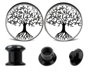 PAIR Tree of Life Black & White Ear Gauges Ear Plug Flesh Tunnel Acrylic SCREW - Picture 1 of 3
