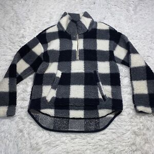 Womens Old Navy Mock Neck 1/2 Zip Black White Buffalo Plaid Sherpa Pullover M