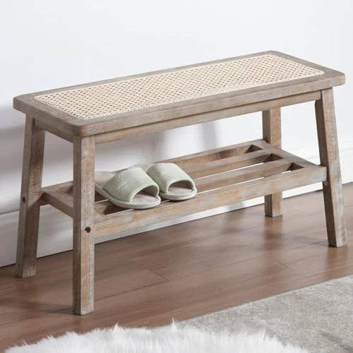 Natural Rattan Dining Bench with Solid Wood Legs Entryway Shoe Storage Ottoman - Image 1 of 4