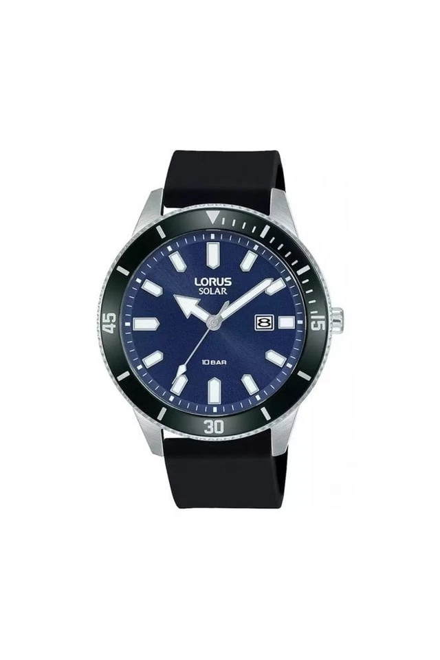 Lorus Watch RX319AX9 Mens Solar Blue Dial Black Silicone Strap