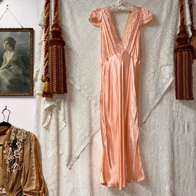 1930s Peach Silk Satin Bias Cut Nightgown Dress Lace Trim Old Hollywood As Is - Image 1 of 4
