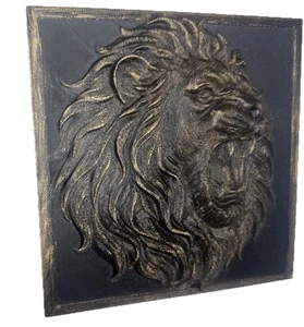 Lion Head Wall Art Plaque 3D 6” X 6” Gold Relief Sculpture Roaring King Jungle - Picture 1 of 4