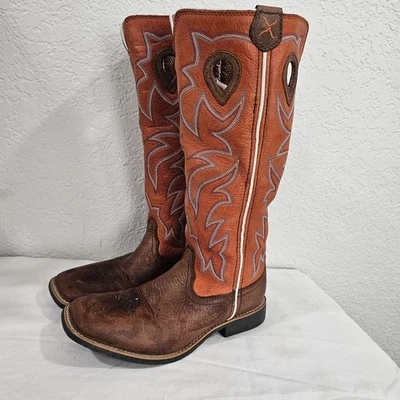 Twisted X Leather Brown/Orange Tall Leather Sq Toe Boots YBK0003 Boys 2M - Image 1 of 4