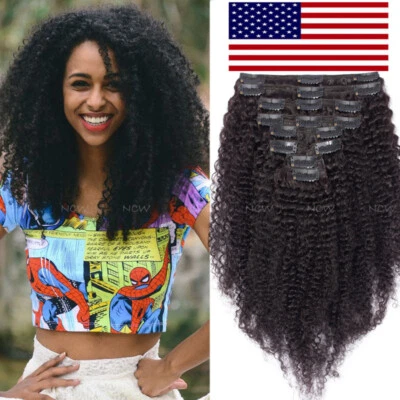 LIQUIDACIÓN Clip rizado afro rizado en extensiones de cabello humano real cabeza completa 8 piezas EE. UU. Foto 1 de 4