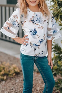 Blusa de panel de malla para niñas talla ""S"" ""M"" ""L"" "XL"" blanca manga campana 3/4 - Imagen 1 de 6