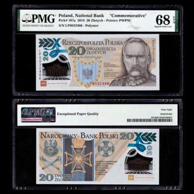 Poland 20 Zlotych, 2014, Pick#187a, Polymer banknote, PMG 68 EPQ, + Folder - Image 1 of 4