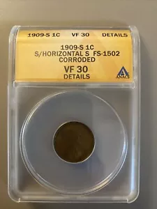 1909-S HORIZONTAL S LINCOLN CENT - ANACS VF-30 - Picture 1 of 5