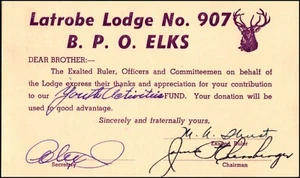 Latrobe Lodge No. 907 B. P. O. Elks 1953 Contribution Appreciation Postcard - Picture 1 of 2