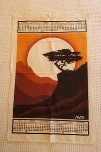 Vintage 1980 Calendar Towel Kitchen Linen Wall Hanging Sunset Silhouette - Picture 1 of 3