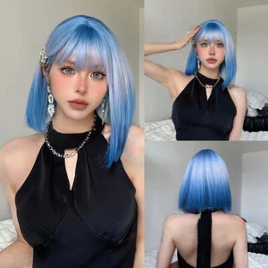 Kurze gerade Bob Kunstfaser Perücken Himmelblau Weiß Ombre Perücke mit Pony Lolita Cos - Bild 1 von 22