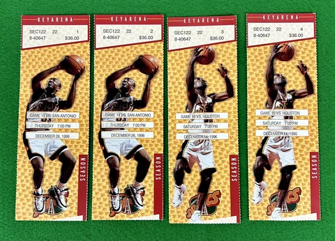 Lot 4 1996 Seattle Supersonics vs. Rockets (2) Spurs (2) NBA Ticket Stubs Payton Cover