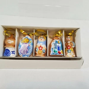 Set of 5 Hand Painted Wood Christmas Holiday Ornaments Bell Angel Egg Onion Dome - Picture 1 of 10