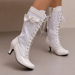 Damas Gatito Tacón Retro Medio Pantorrilla Botas Steampunk Victoria Con Cordones Arcos Botas - Imagen 1 de 20