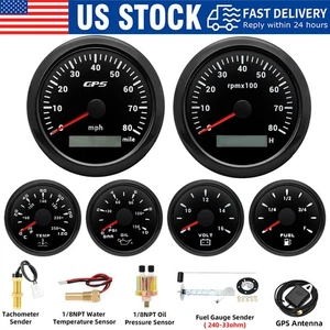 6 Gauge Set With Sensor 85mm Boat Car GPS Speedometer 80MPH&Tacho 8000RPM Gauge - Picture 1 of 24