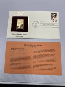1984 Winter Olympics Ice Hockey 22kt Gold Replica Stamp First Day Cover FDC - Picture 1 of 4