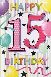 BIGLIETTO AUGURI 15 ANNI 'BUON 15° COMPLEANNO' E BUSTA ABBINATA 5" X 7" - Foto 1 di 3
