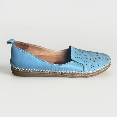 Spring Step 皮革镂空懒人鞋乐福鞋女式 9 码蓝色拼接细节 — 第 1/4 张图片
