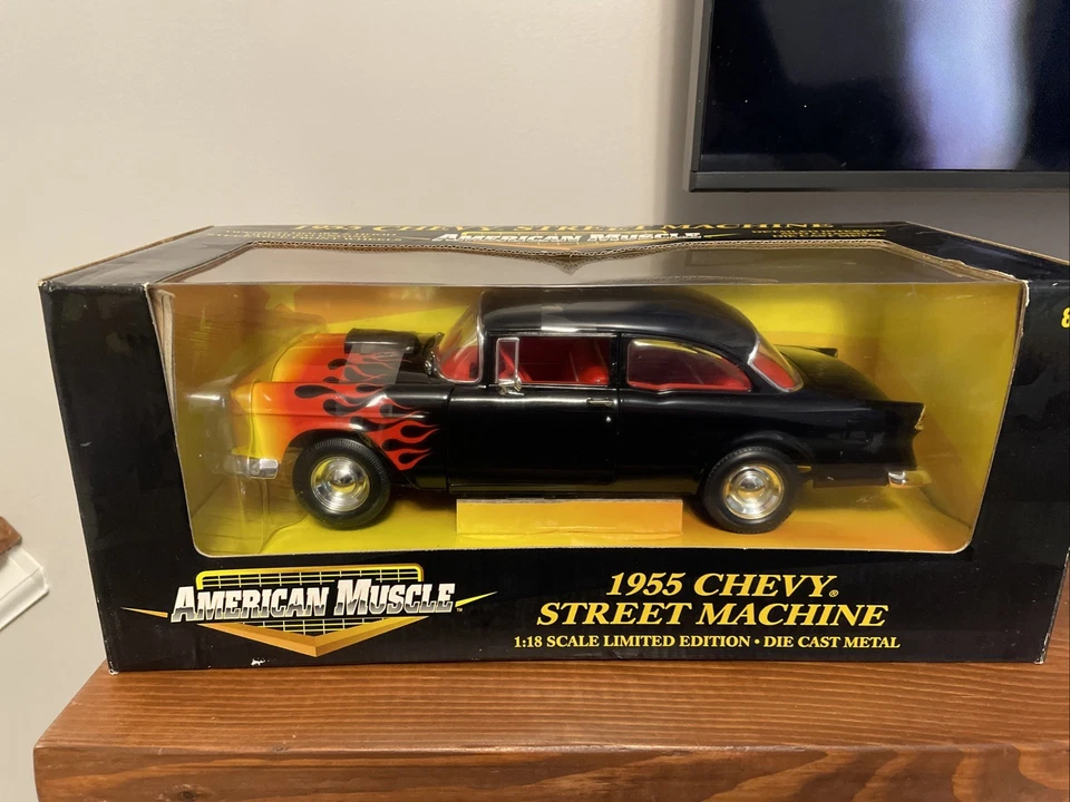 ERTL 1/18 1955 55 Chevy Street Machine Black With Flames - Image 1 of 4