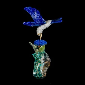 3.8" Hand Carved Bird Perched on Malachite, Quartz Crystals Hummingbird Peru - Picture 1 of 8