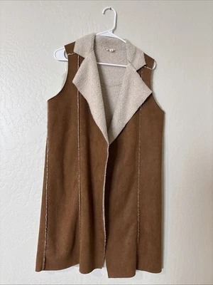 Hem & Thread Sherpa Knit Long Vest Faux Suede Size Small Long Open Brown Western - Image 1 of 4