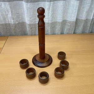 7 pc Wood Napkin Ring Set (6) Natural Boho Mid Century Neutral Table Decor VTG - Picture 1 of 7