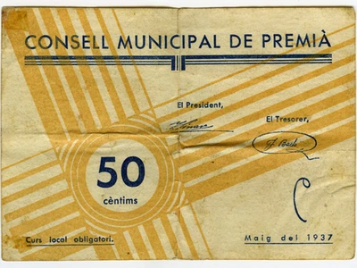 # SPAIN CIVIL WAR 1937 • PREMIA 50 CENT MUNICIPAL ☆ GUERRA CIVIL ESPAÑOLA ☆D1629 - Image 1 of 2