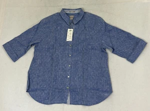 Chico's Blue No Iron Linen Pointelle Detail Shirt Womens 14 - Picture 1 of 9