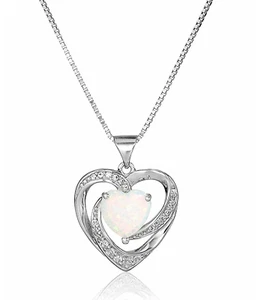 Women's Heart Pendant Necklace with Brilliant Opal 14K White Gold Plated Silver - Picture 1 of 4
