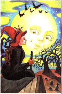 HEXE AUF DEM DACH MARGARYTA YERMOLAYEVA KÜNSTLER SIGNIERT 7 VON 27 HALLOWEEN POSTKARTE - Bild 1 von 2