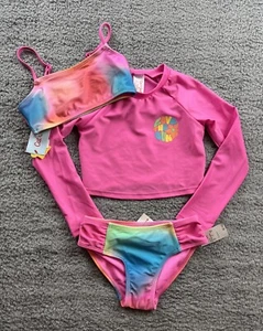 Cat & Jack Girl's Size XS (4-5) Rainbow Sparkle Rash Guard Swim Set Pink - Picture 1 of 6