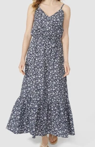 Nuevo con etiquetas Maxi Vestido Mantaray Reino Unido 18 Algodón Ditsy Estampado Floral Azul Marino En Niveles - Imagen 1 de 11