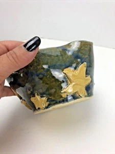 Studio Art Pottery Bowl Signed Green/Blue Splatter Drip Glaze w/ 3D Stars - Picture 1 of 11
