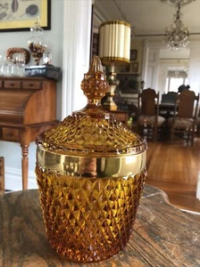 Indiana glass amber diamond point ice bucket with lid and gold band, EUC/ EVC - Picture 1 of 10