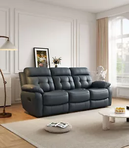 Luxury Manual Recliner Sofa Genuine Leather Upholstered Couch 3 Seaters Blue - Picture 1 of 12