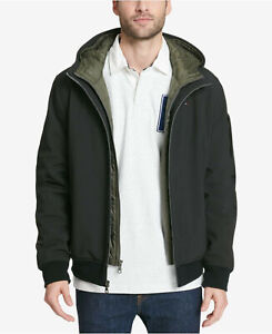 TOMMY HILFIGER DOUBLE LAYER HOODED BOMBER COAT BLACK MENS 2X NEW WITH TAGS $235