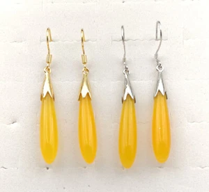 Yellow Green Purple Jade Black Agate Long Water Drop 925 Silver Hook Earrings - Picture 1 of 57