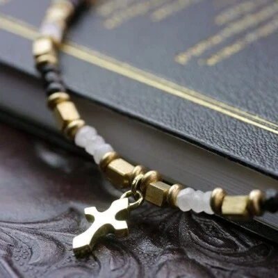 Collar de cuentas de piedra lunar cruz espinela negra para hombre cruz dorada plata 45 cm M Foto 1 de 4