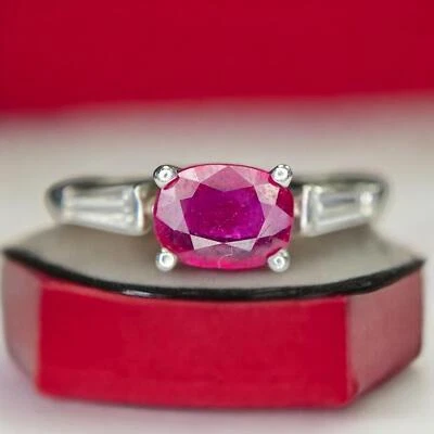 Art Deco Platinum Natural Oval Red Ruby Baguette Diamond Engagement Ring - Image 1 of 4