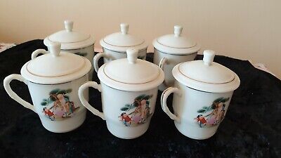 RARE Set Of 6 Antique Chineses Tea Cups Whit Lid Handpainted  (老寿星)中国彭城造  40-50s • 130$
